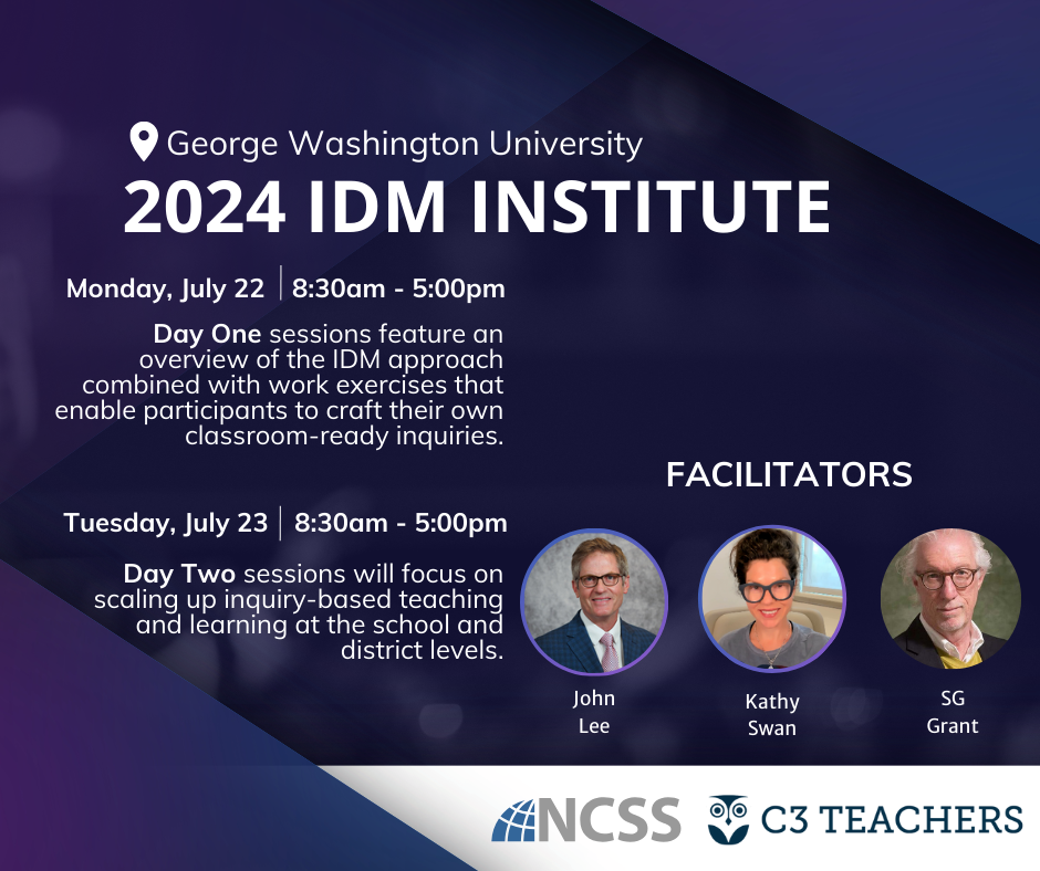 Day One sessions feature an overview of the IDM approach combined with work exercises that enable participants to craft their own classroom-ready inquiries.